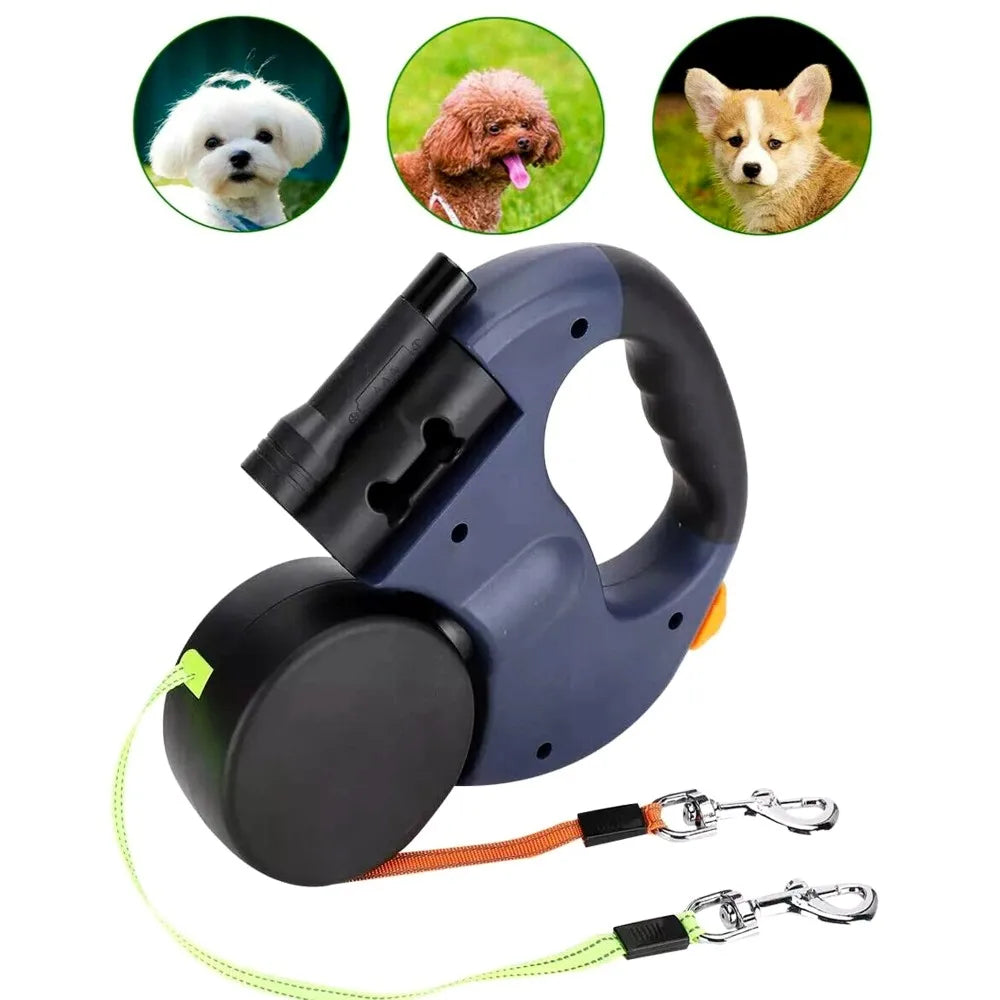 360 Swivel Retractable Lead Leash Double Tangle with LED Light Dual Doggie For Each 2 Dogs 3M Ropes Pet UK