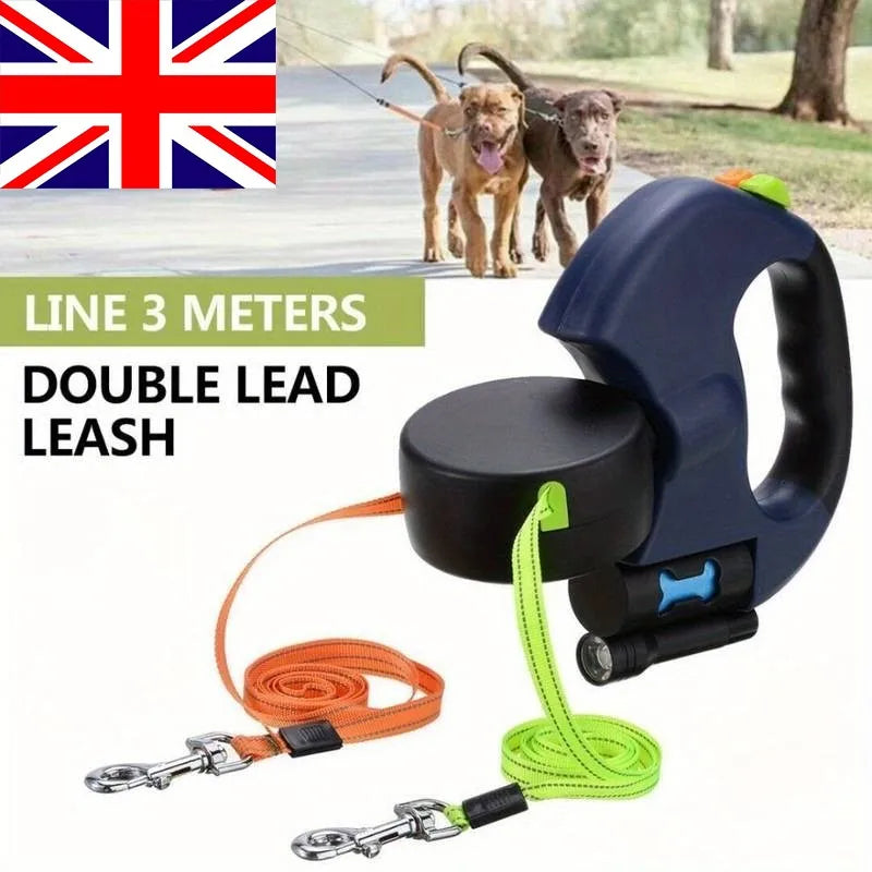 360 Swivel Retractable Lead Leash Double Tangle with LED Light Dual Doggie For Each 2 Dogs 3M Ropes Pet UK